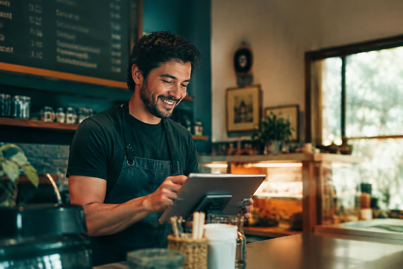 Dueño de un restaurante revisando sus reseñas en una tablet